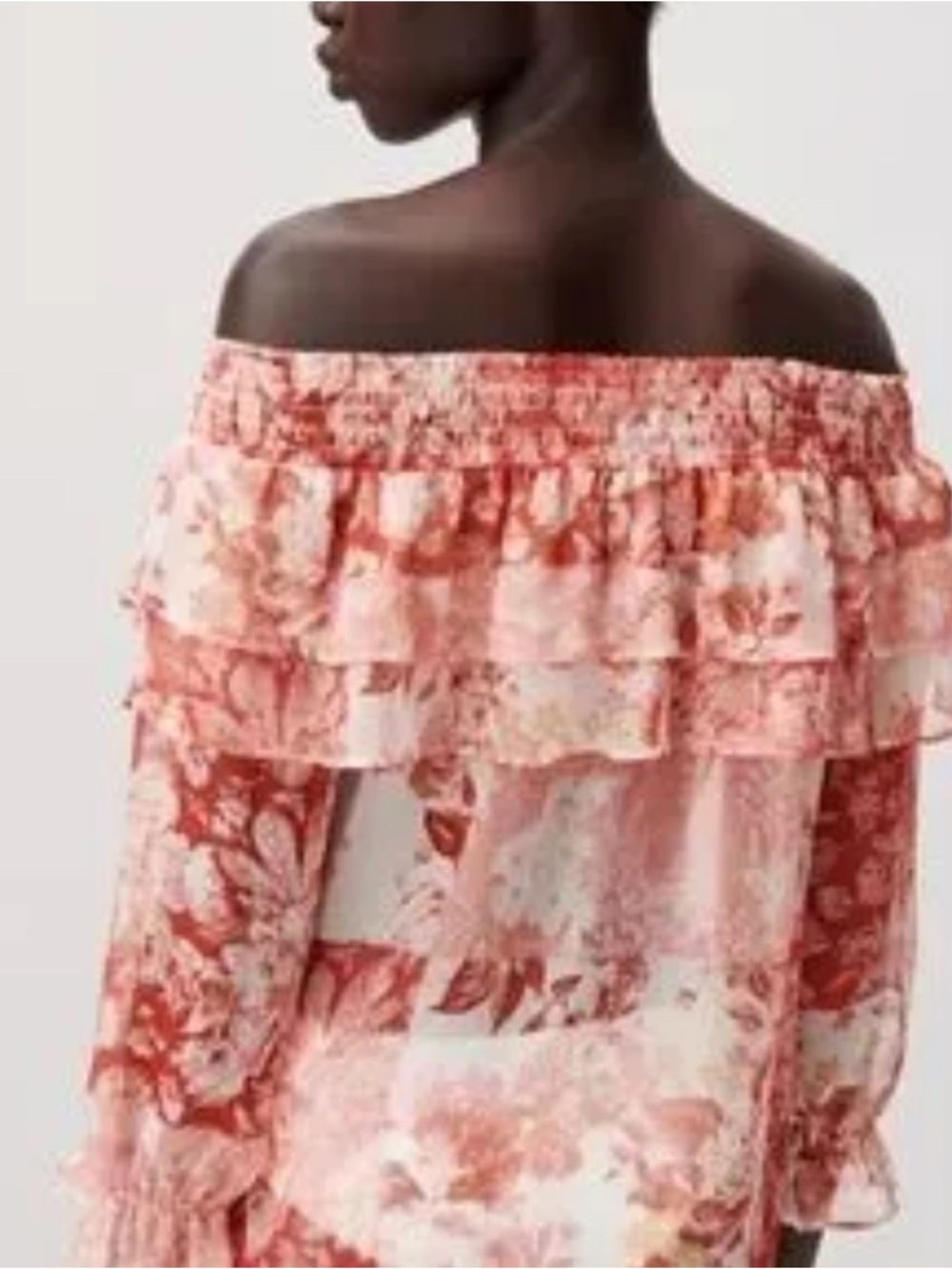 White House Black Market Top with smocked elastic yoke detail, ruffles Sz L